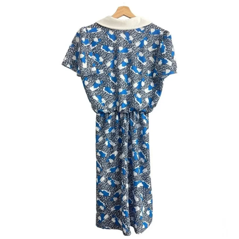 VINTAGE LARGE 90's Blue Abstract Day Dress Midi Peter Pan Collar Short Sleeve - Picture 2 of 8